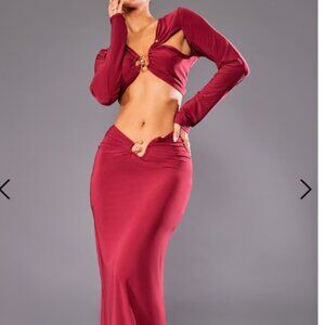 Pretty Little ThingBurgundy Slinky Trim Detail Asymmetric Crop Top and Skirt SET